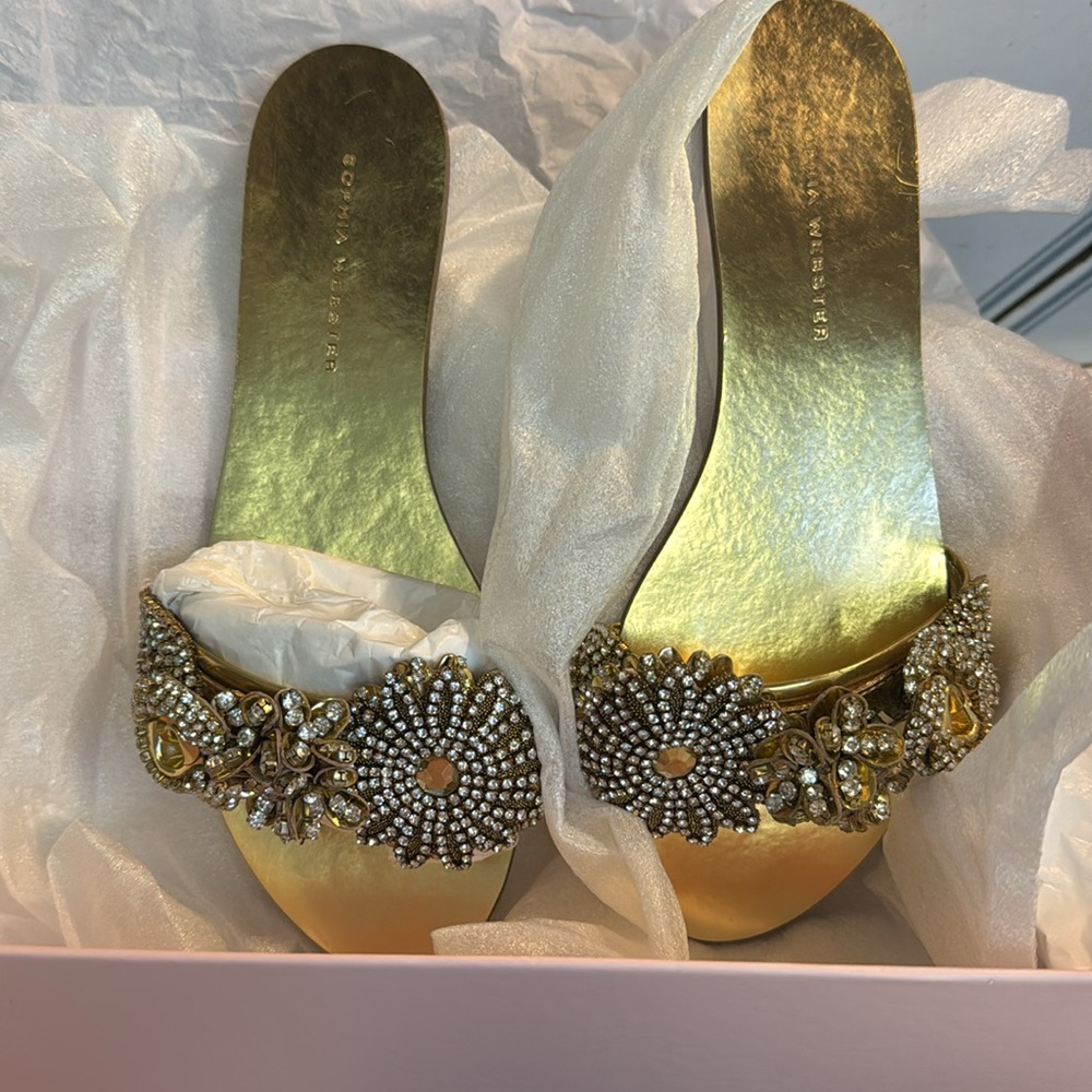 Sophia Webster Lilico Gold Crystal Slides Sandals-worn once size 7 original box - Picture 12 of 12